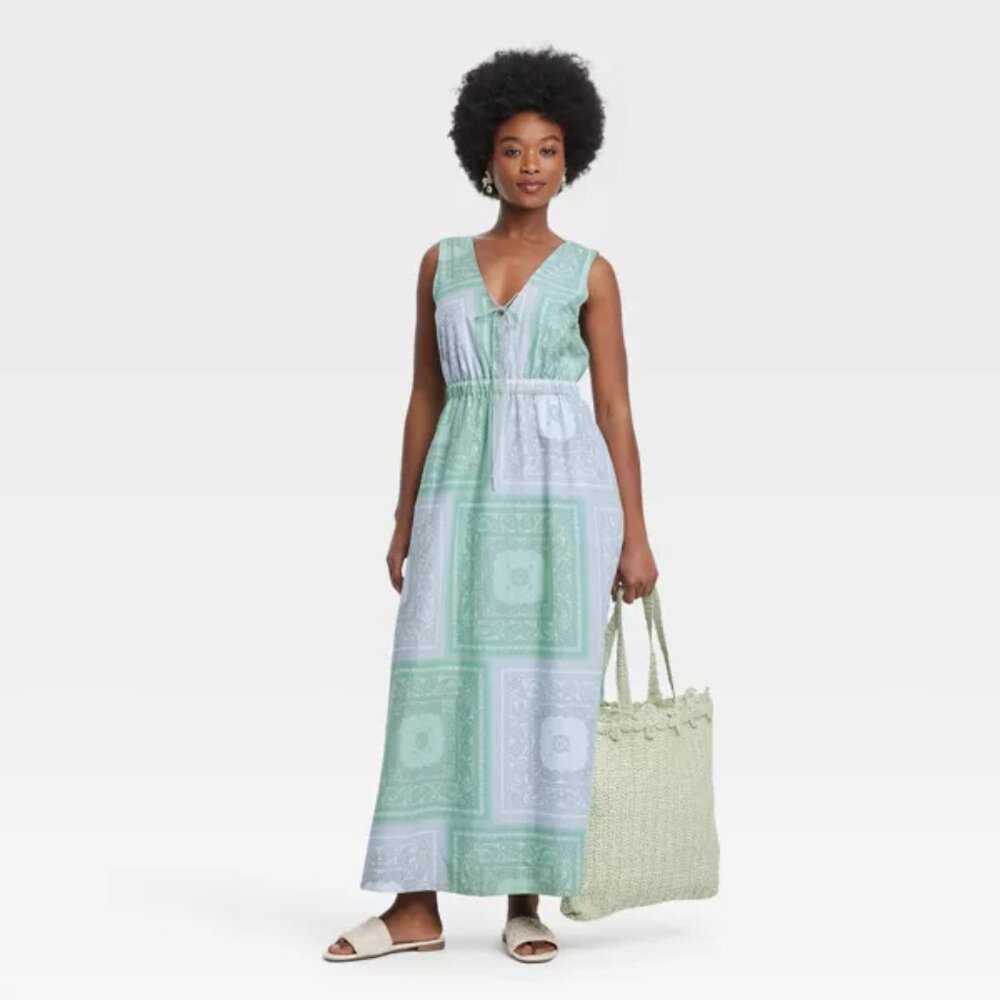 Womens Tie Front Elegant Green A-Line Maxi Dress (XL)